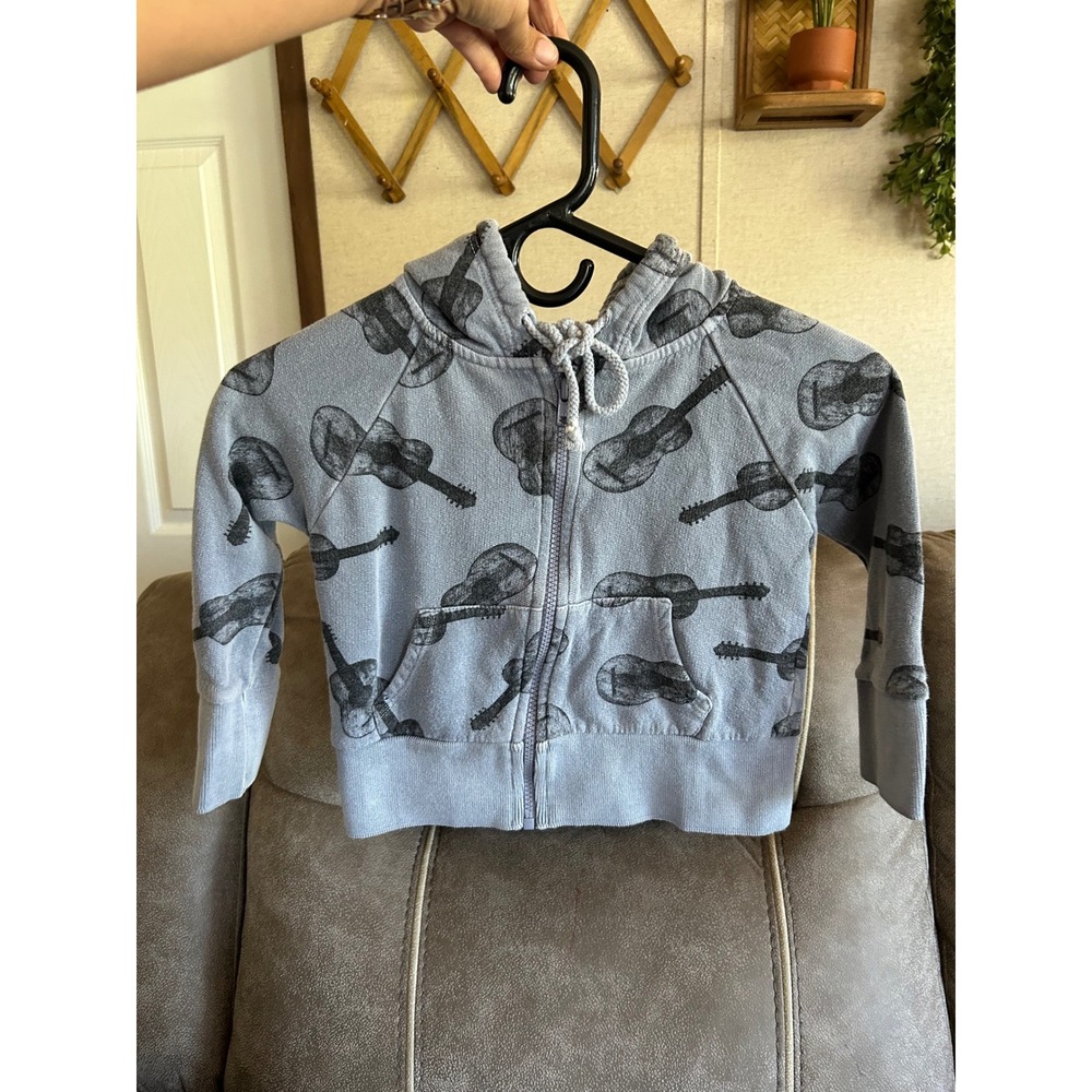 Bobo Choses Kids Guitar Print Zip Up Hoodie Blue Gray Sweatshirt Size 2-3Y